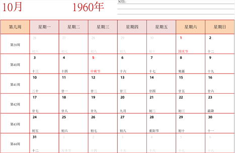 日历表1960年